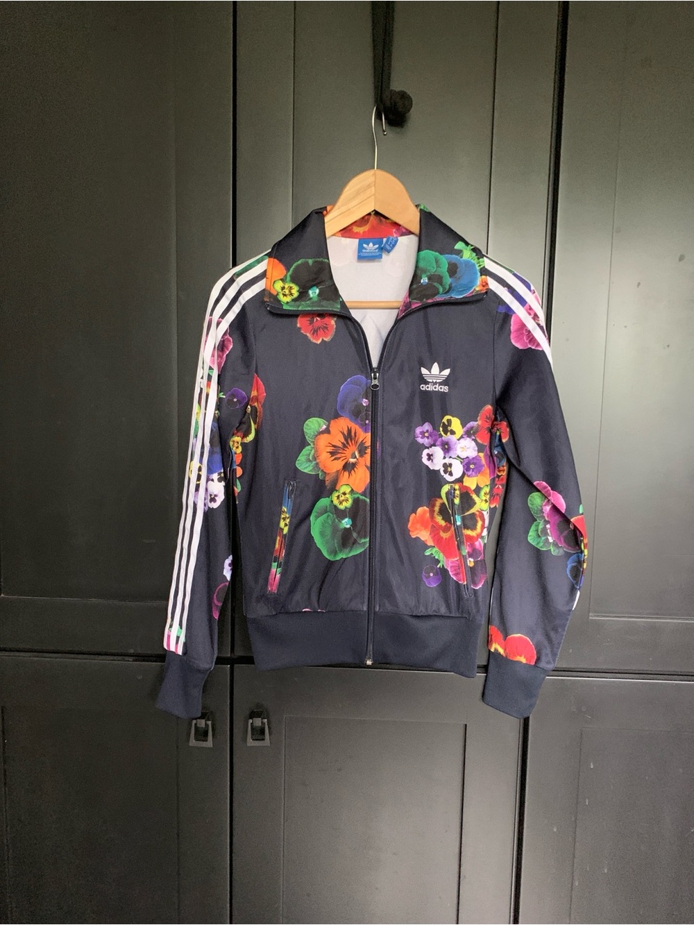 adidas Firebird Floral Burst Black Background Track Jacket with White Stripes